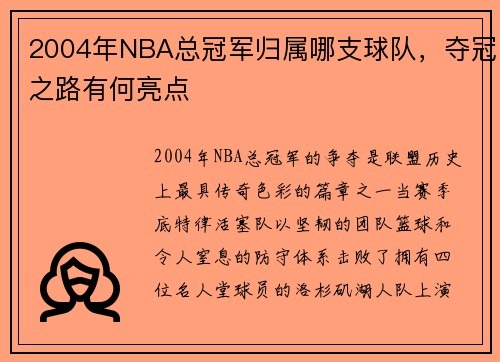 2004年NBA总冠军归属哪支球队，夺冠之路有何亮点